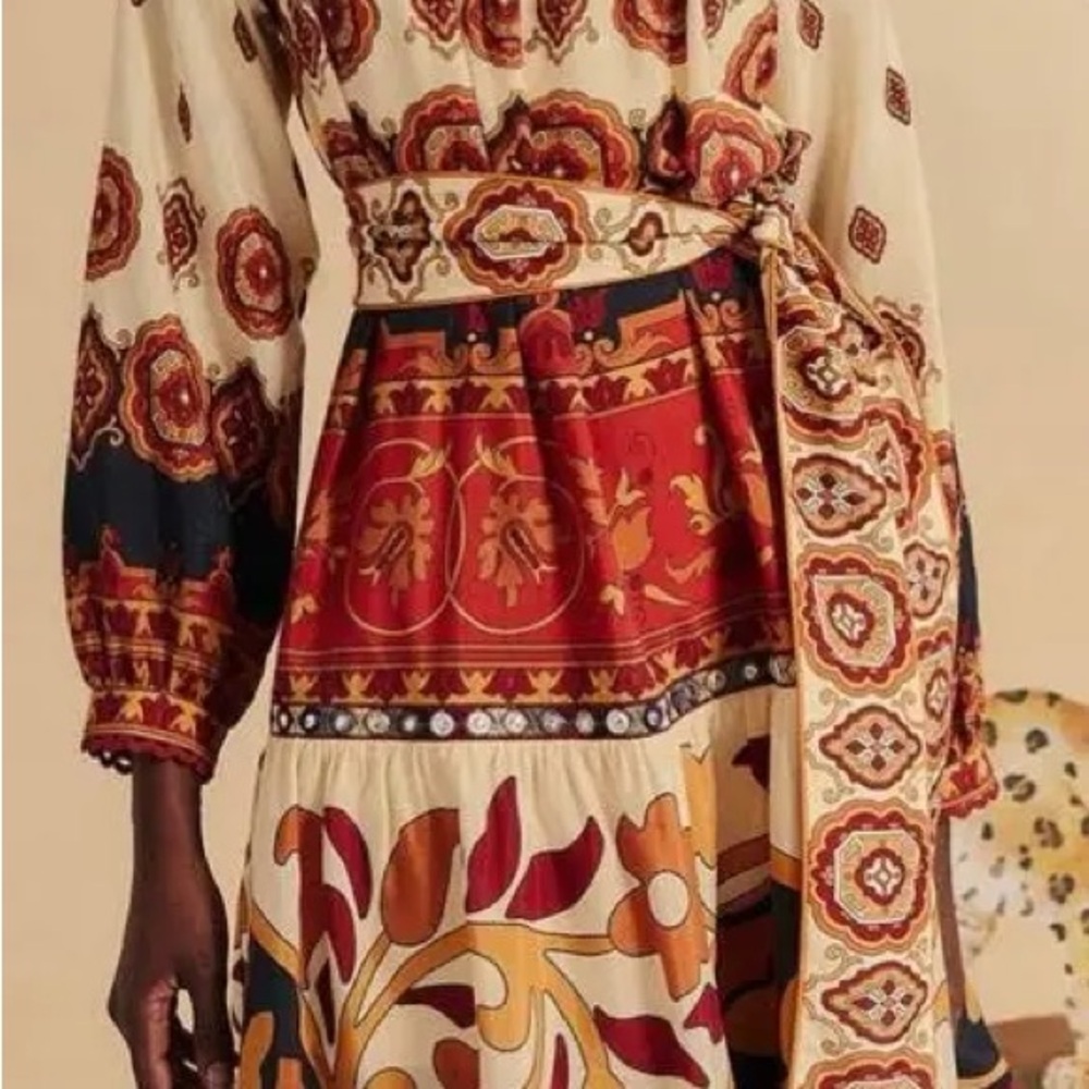 NWT FARM Rio Cream Ainika Tiles Midi Dress